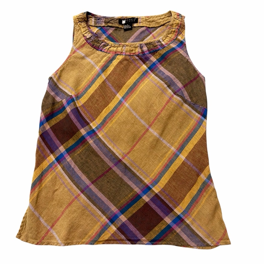 Carole Little Brown Plaid Sleeveless Blouse with Purple & Blue Accents